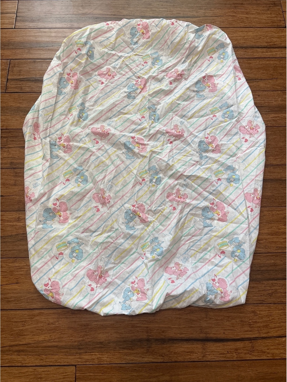 Vintage Care Bears Fitted Crib Sheet with Pastel Stripes and Bears Pattern